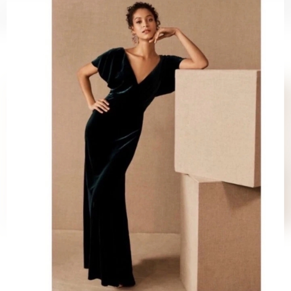 Jenny Yoo Collection Ellis flutter sleeves stretch Velvet Gown Green Maxi Dress